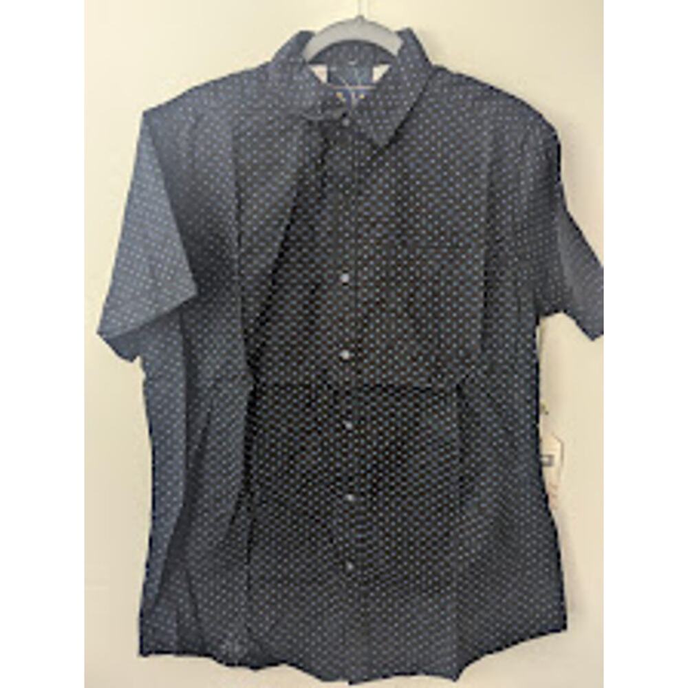 Rugby University Men Medium Button Up Shirt Black Blue Patterned ShortSleeve NWT